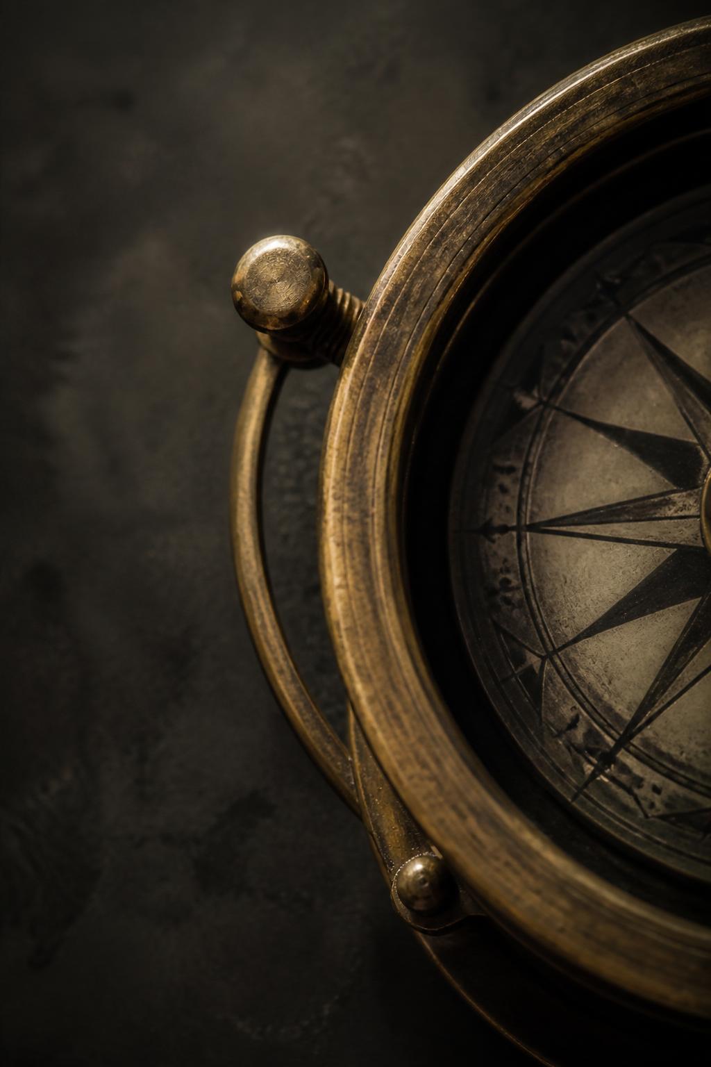 A weathered brass compass — a reference to direction and judgement.